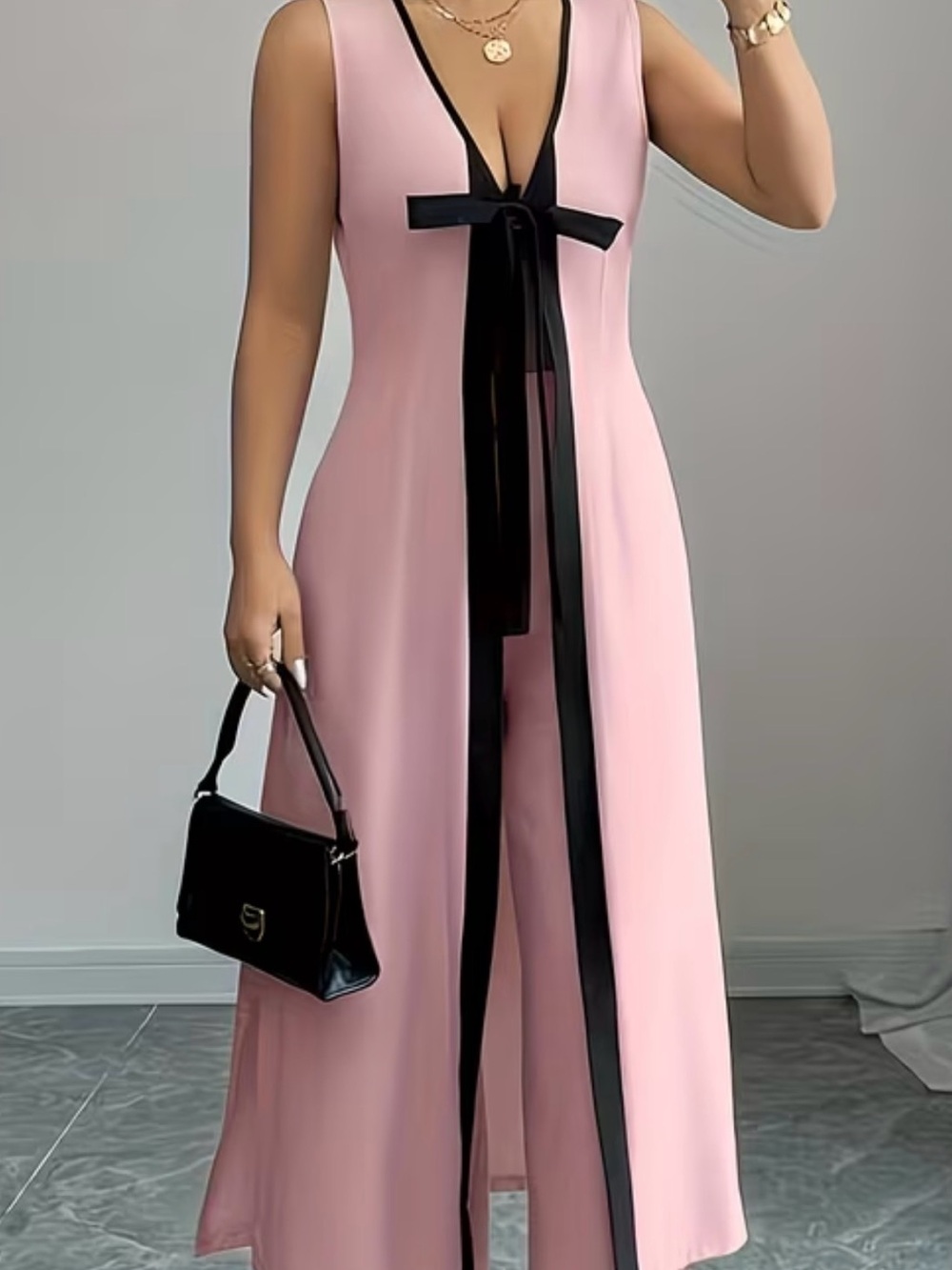 💓 HOST PICK 💕2 pc 💓Sleeveless Pink long overlay and pants w/Black Bow Trim - Picture 3 of 4
